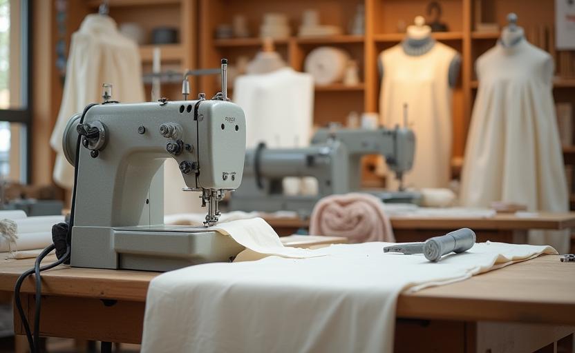 Ontario studio workspace with sewing machines and fabric rolls