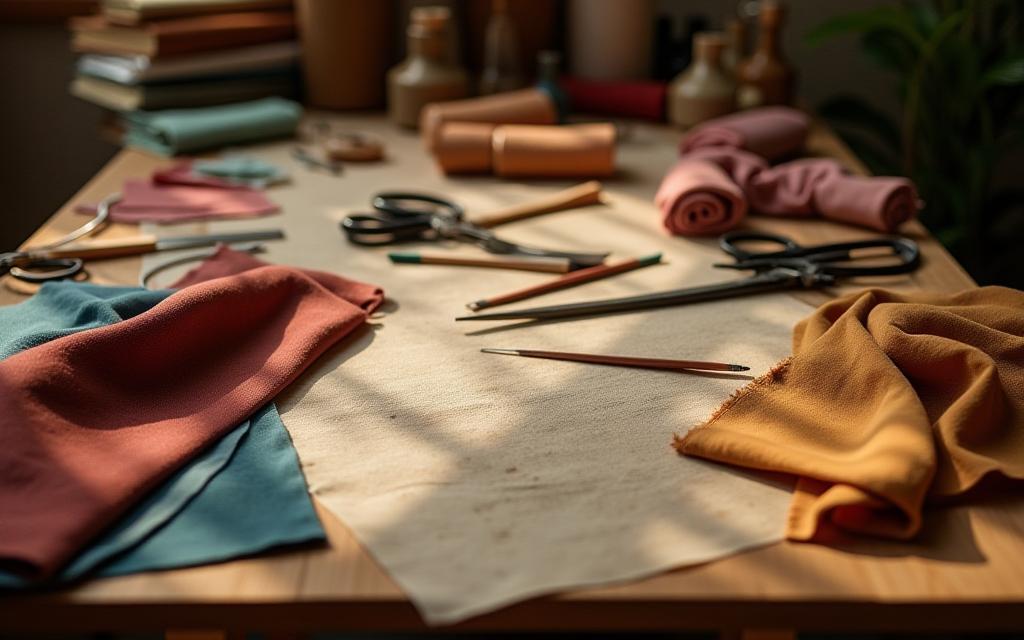 Tools and fabrics laid out on a cutting table