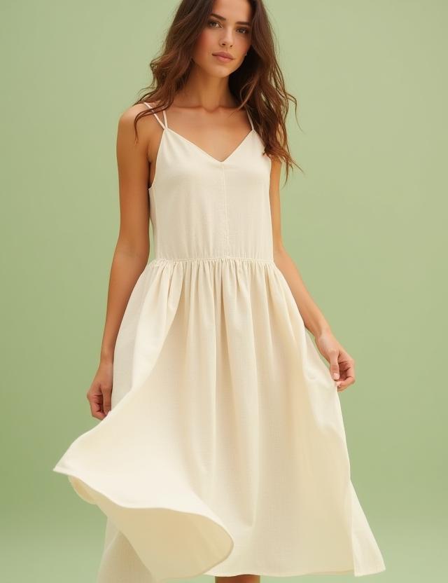 Model wearing a natural linen dress
